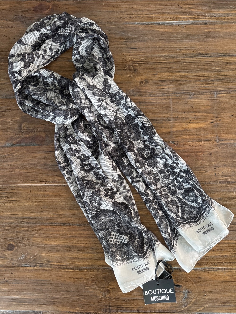 NWT Boutique Moschino Luxury Silk Scarf Black Gray Romantic Floral Lace Motif